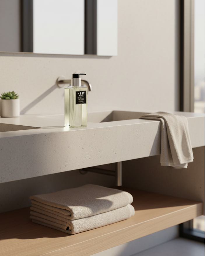 A modern bathroom vanity with a rectangular concrete sink, open wooden shelf, folded towels, a soap dispenser bottle, and small potted plants in front of a mirror.